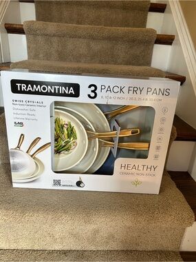 Tramontina 3-Pack Ceramic Non-Stick Fry Pans - Cream with Gold Handles